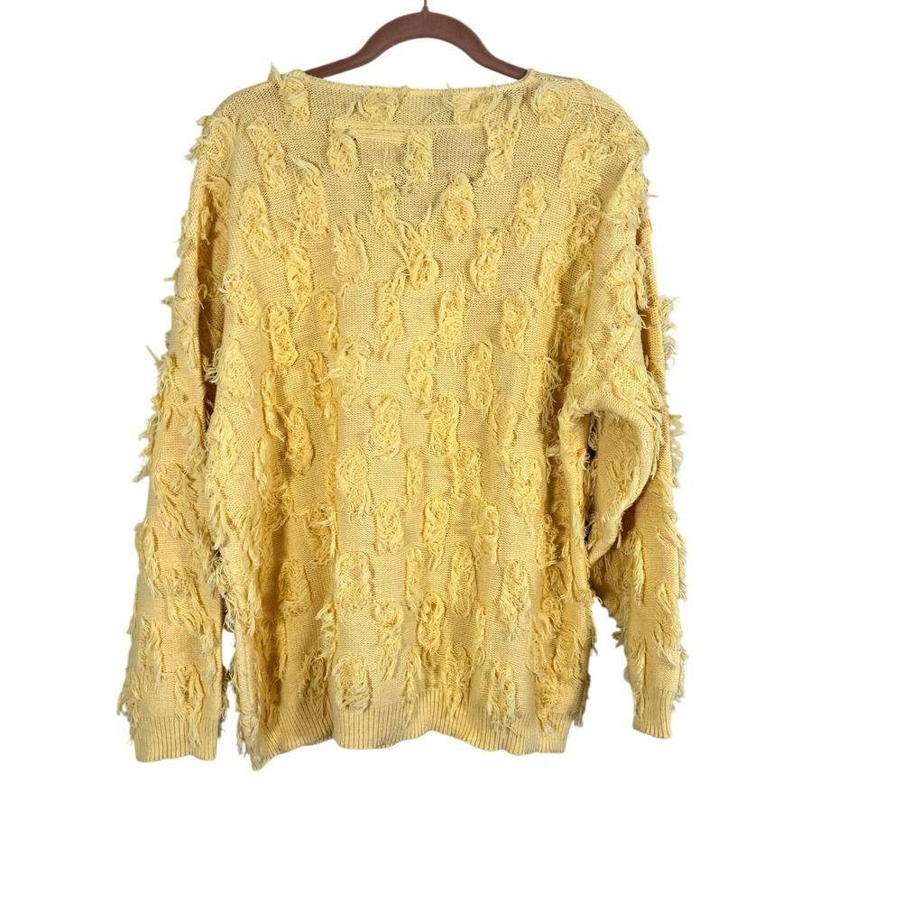 Vintage Fringe Knit Sweater Yellow XL Shaggy 80s‎ Pastel Boho Indie Folk Western